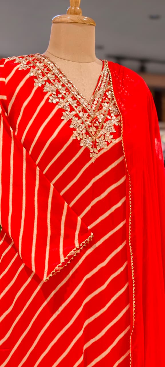 Festive Gotta Patti V-Neck Lehriya Full Suit Set With Dupatta In Chinon Fabric- 15607