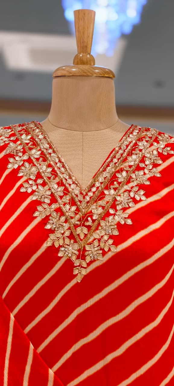 Festive Gotta Patti V-Neck Lehriya Full Suit Set With Dupatta In Chinon Fabric- 15607