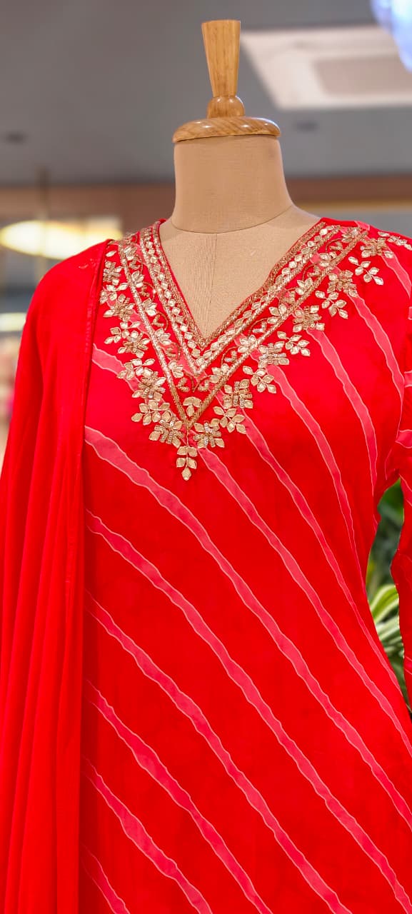 Stunning Lehriya Print Gotta Embellished Organza Full Suit Set With Dupatta- 15607