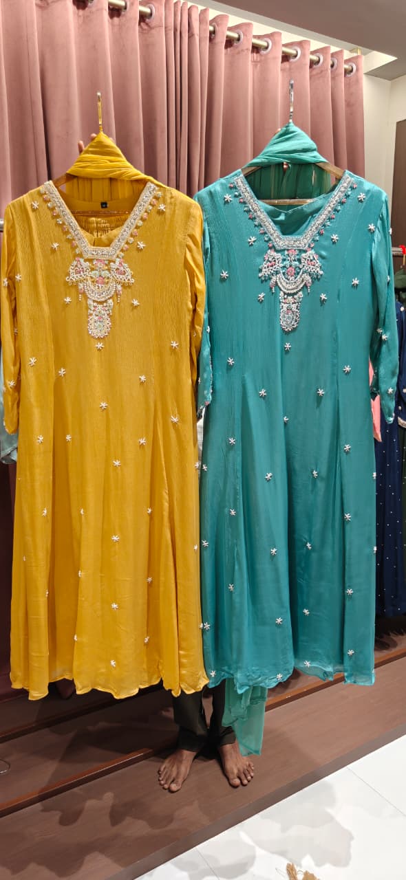 Turquoise Mustard Floral Hand-Embroidered Chinon Anarkali Full Suit Set With Dupatta- 15614