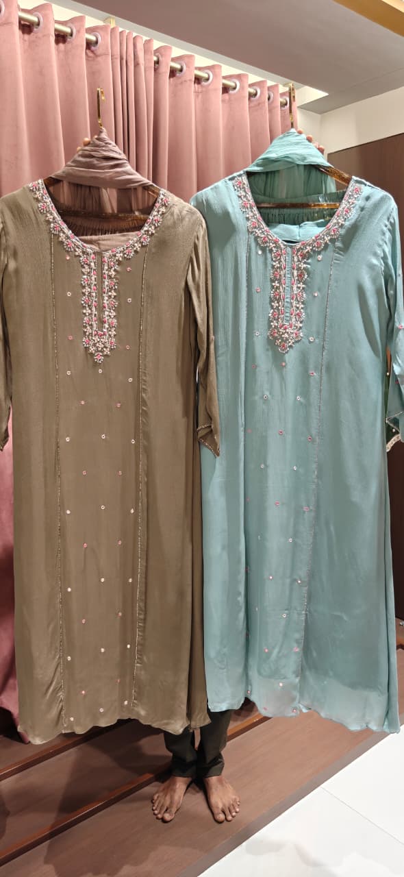 Premium Tiny Cut-Dana Embroidery Highlights Chinon A-Line Full Suit Set With Dupatta- 15615