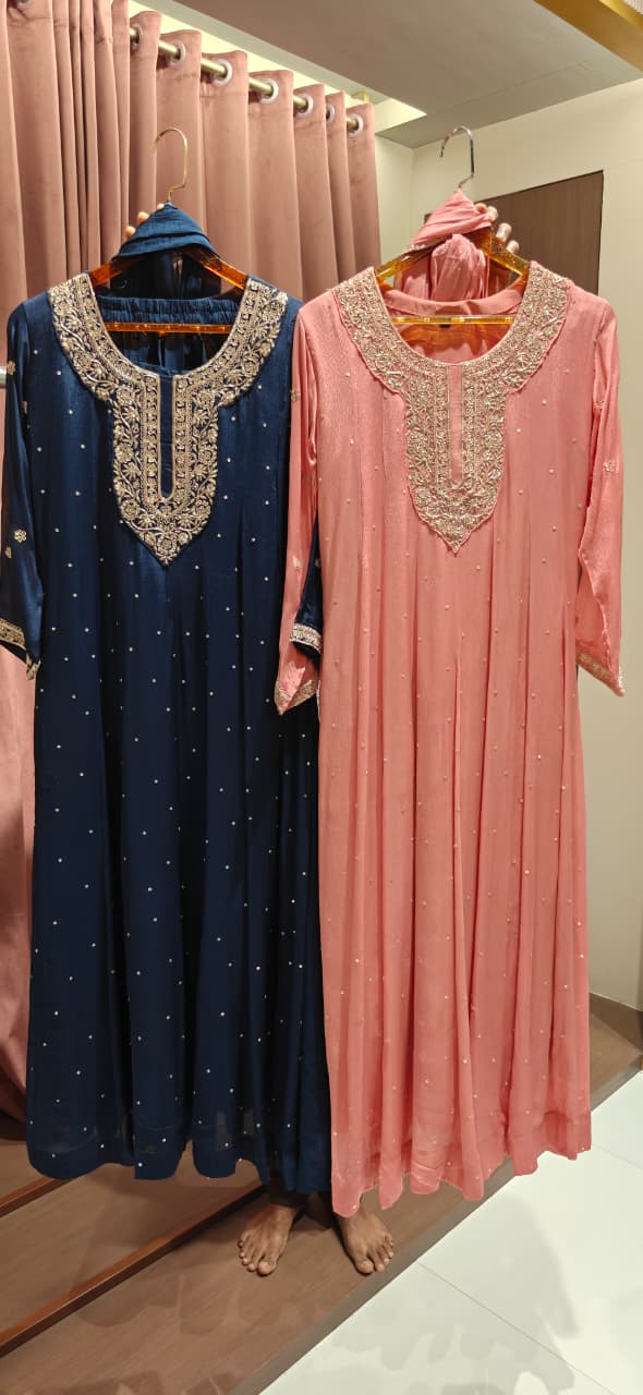Heavy Embroidered Zardosi Front Neckline Chinon Anarkali Full Suit Set With Dupatta- 15503