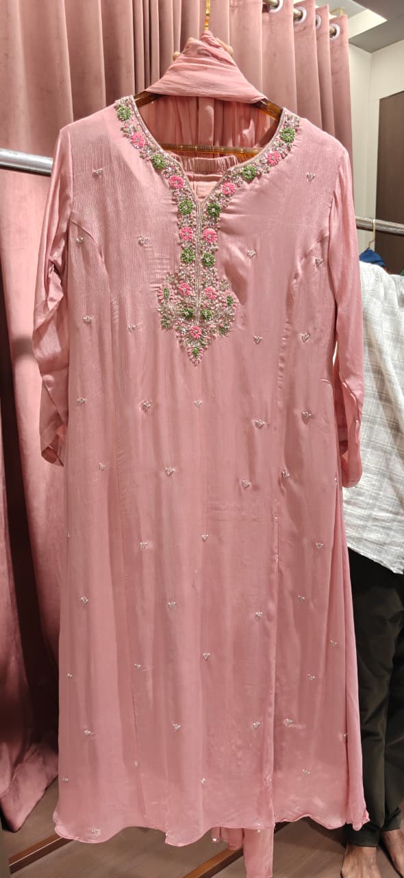 Dusty-Pink Cute Floral Highlights Embroidered Yoke Chinon A-Line Full Suit Set With Dupatta- 15500