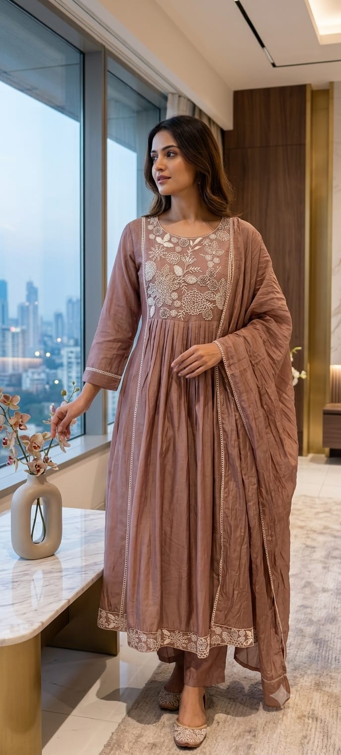 Dusty Pastel Hand-Embroidered Yoke Surat Mul-Chanderi Anarkali Full Suit set With Dupatta