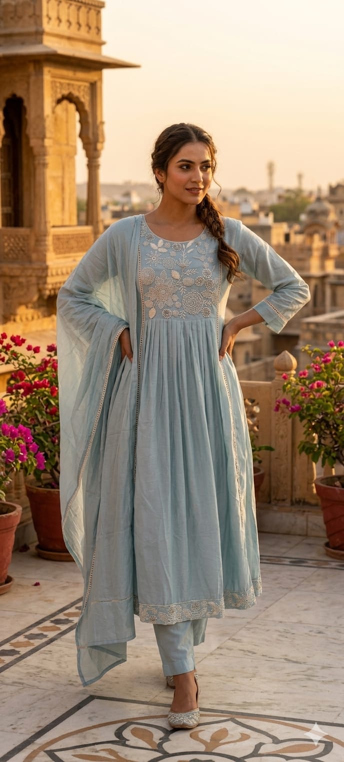 Dusty Pastel Hand-Embroidered Yoke Surat Mul-Chanderi Anarkali Full Suit set With Dupatta