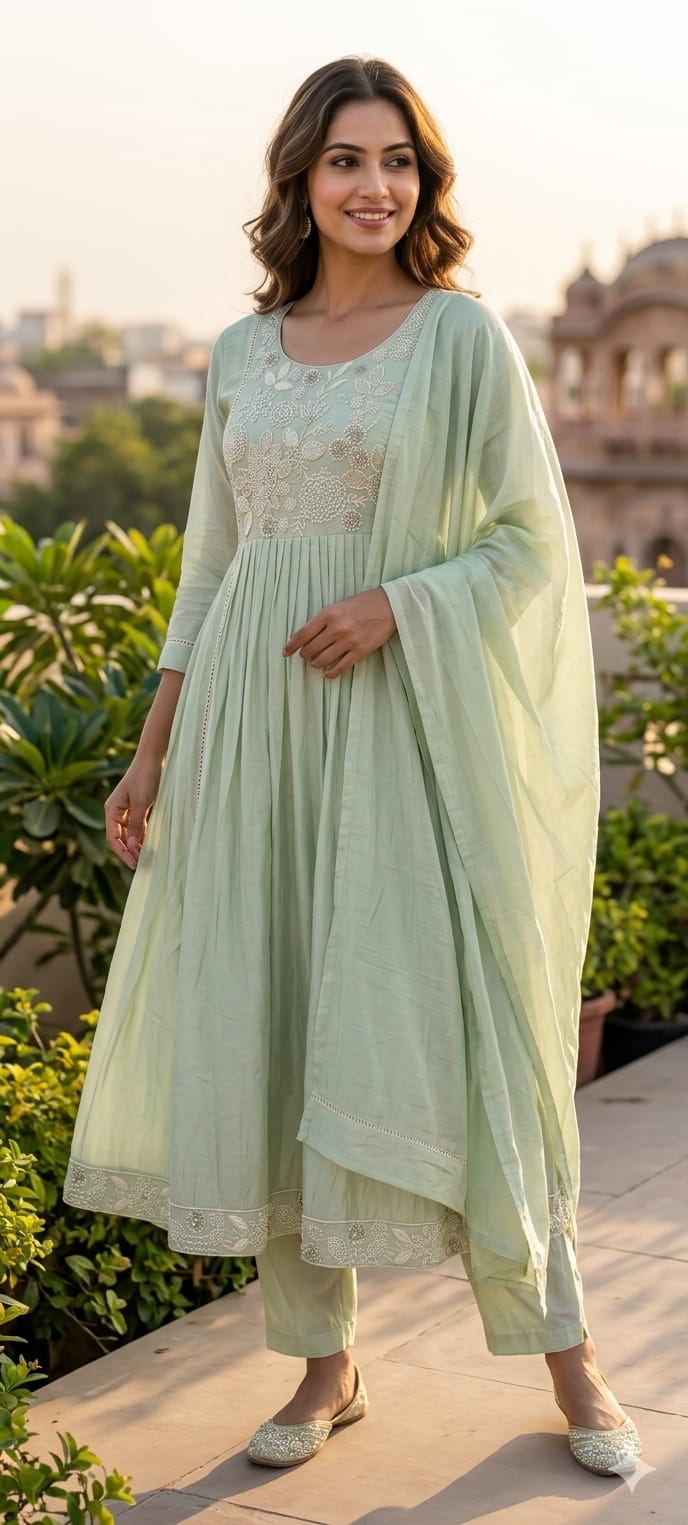 Dusty Pastel Hand-Embroidered Yoke Surat Mul-Chanderi Anarkali Full Suit set With Dupatta