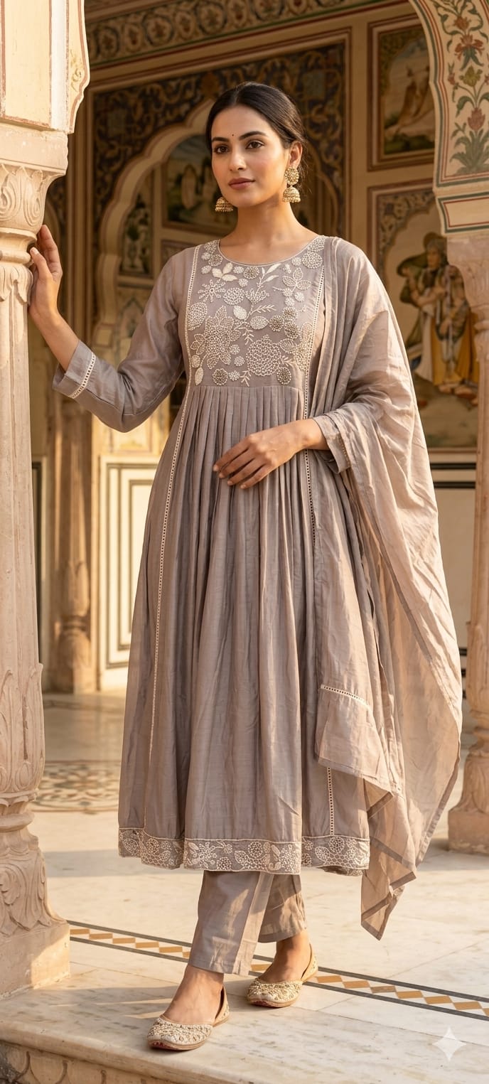 Dusty Pastel Hand-Embroidered Yoke Surat Mul-Chanderi Anarkali Full Suit set With Dupatta