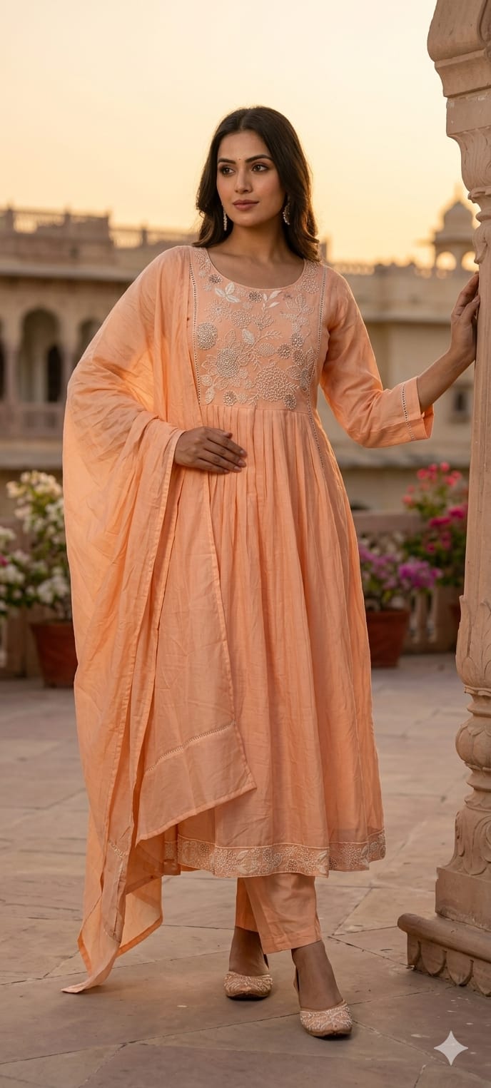Dusty Pastel Hand-Embroidered Yoke Surat Mul-Chanderi Anarkali Full Suit set With Dupatta