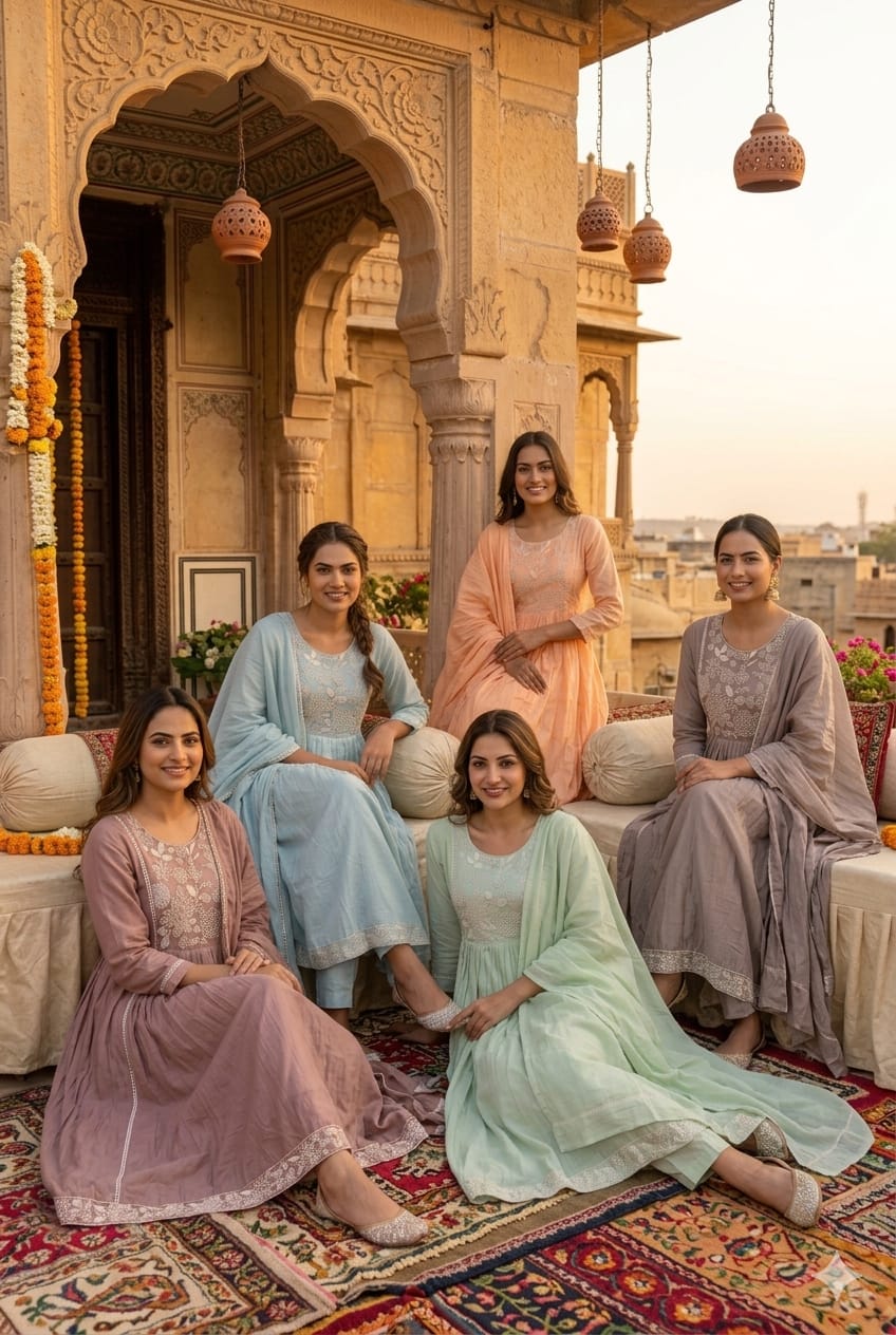 Dusty Pastel Hand-Embroidered Yoke Surat Mul-Chanderi Anarkali Full Suit set With Dupatta