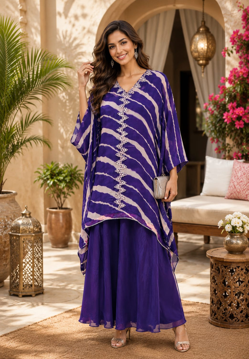 Elegant Tie-Dye Leheriya Kaftan Kurta with Palazzo Co-Ord Set for Festive & Casual Wear-15610