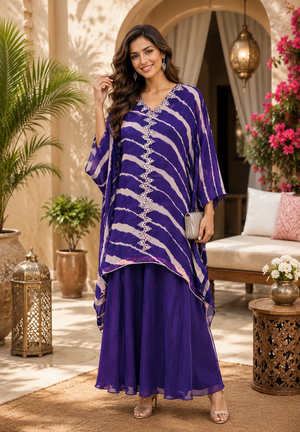 Elegant Tie-Dye Leheriya Kaftan Kurta with Palazzo Co-Ord Set for Festive & Casual Wear-15610