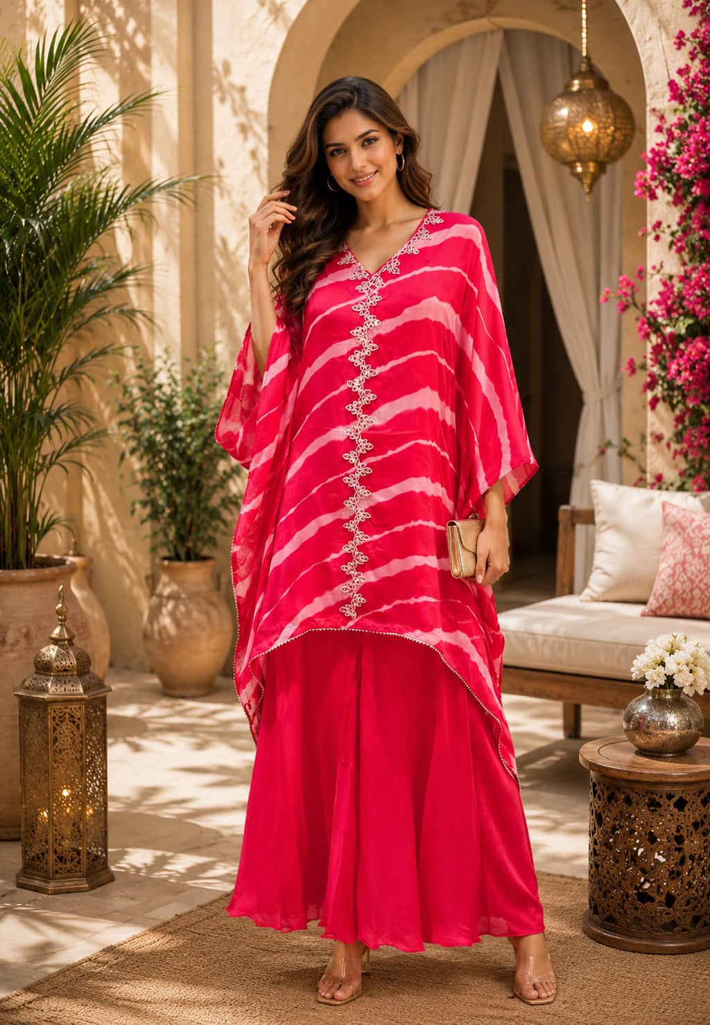 Elegant Tie-Dye Leheriya Kaftan Kurta with Palazzo Co-Ord Set for Festive & Casual Wear-15610