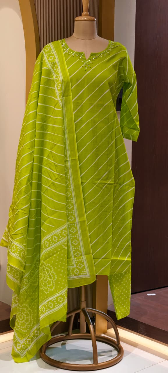 Minimal Neck Work Soft Cotton Leheriya Printed Full Suit Set With Dupatta
