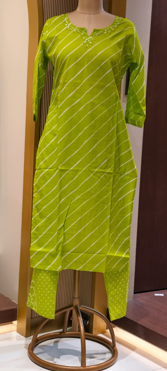 Minimal Neck Work Soft Cotton Leheriya Printed Full Suit Set With Dupatta