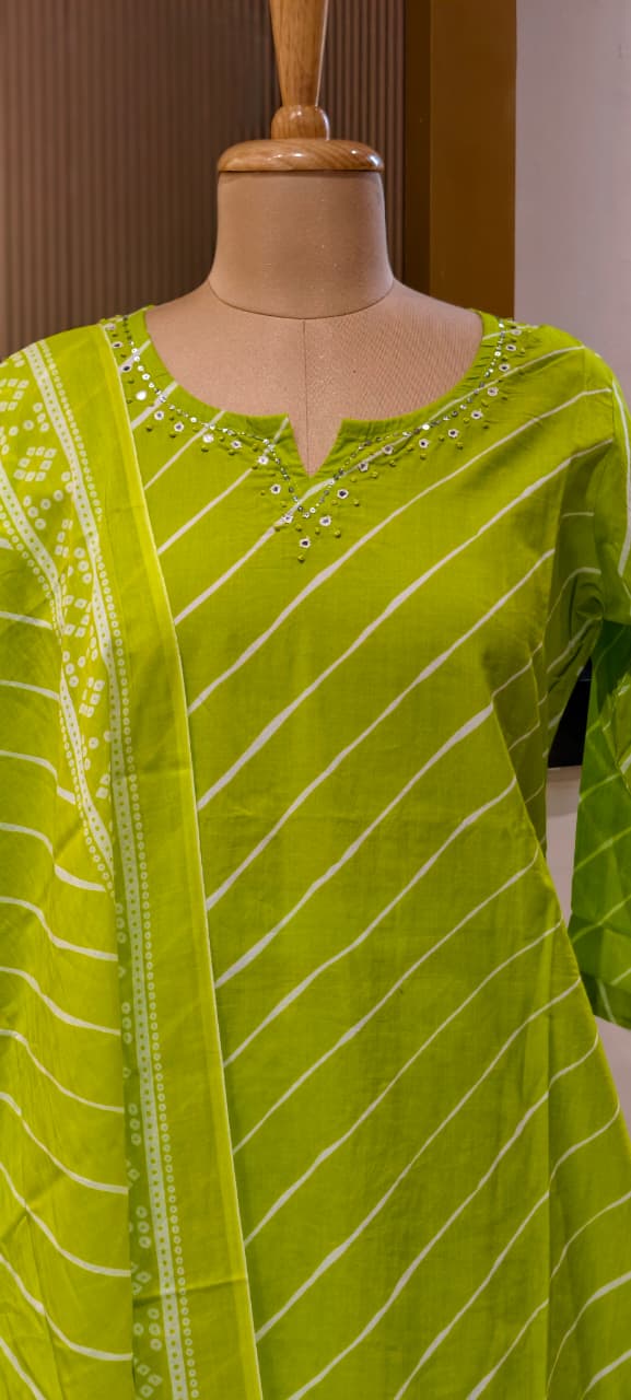 Minimal Neck Work Soft Cotton Leheriya Printed Full Suit Set With Dupatta