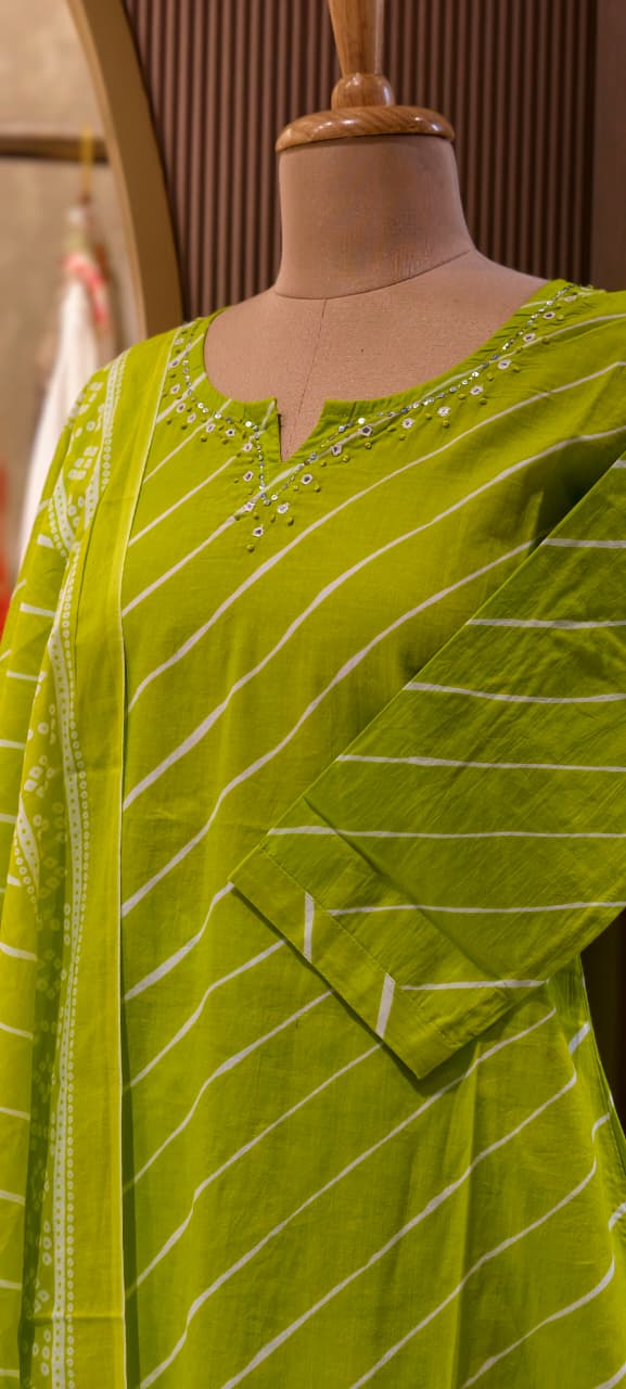 Minimal Neck Work Soft Cotton Leheriya Printed Full Suit Set With Dupatta