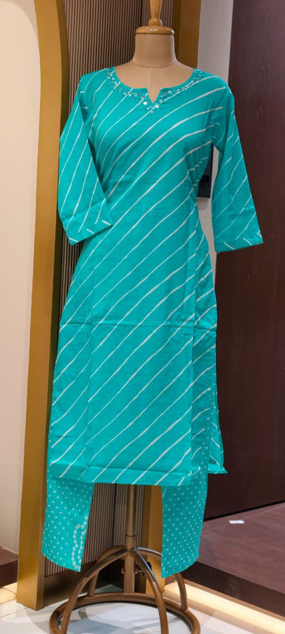 Minimal Neck Work Soft Cotton Leheriya Printed Full Suit Set With Dupatta
