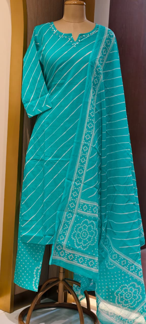 Minimal Neck Work Soft Cotton Leheriya Printed Full Suit Set With Dupatta