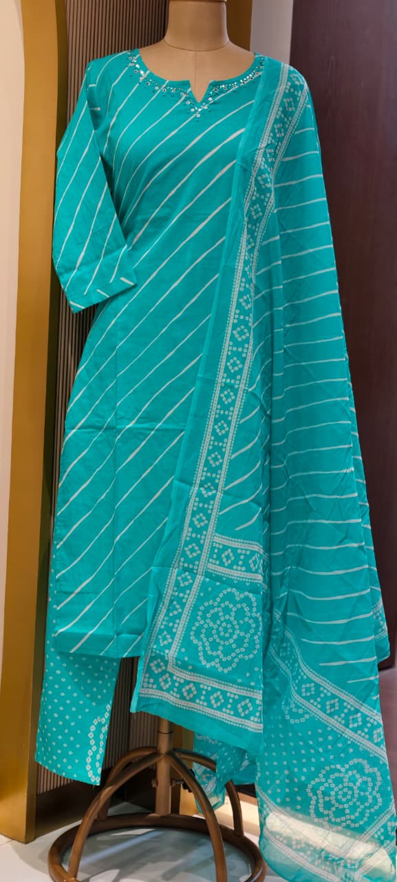 Minimal Neck Work Soft Cotton Leheriya Printed Full Suit Set With Dupatta