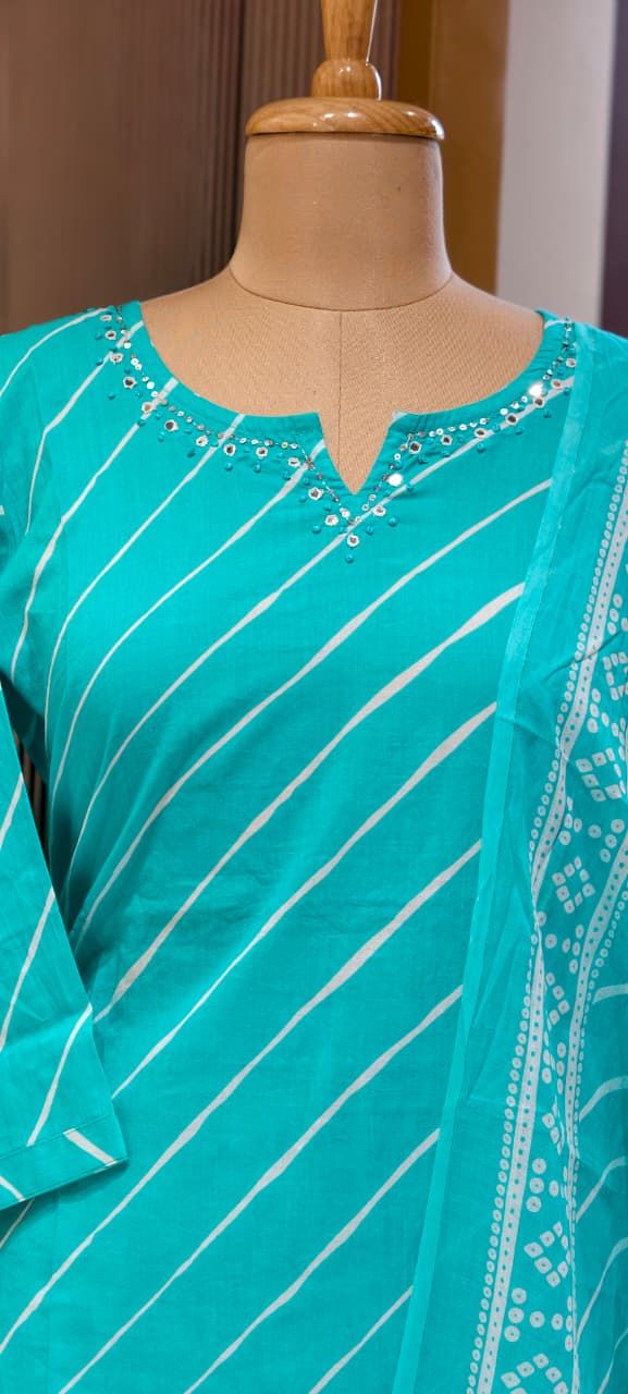 Minimal Neck Work Soft Cotton Leheriya Printed Full Suit Set With Dupatta