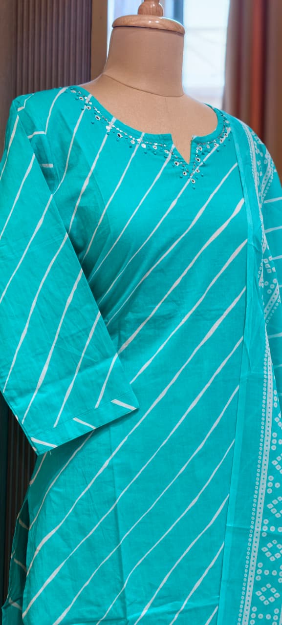 Minimal Neck Work Soft Cotton Leheriya Printed Full Suit Set With Dupatta