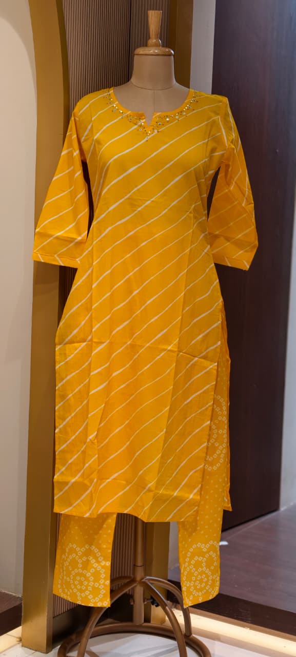 Minimal Neck Work Soft Cotton Leheriya Printed Full Suit Set With Dupatta