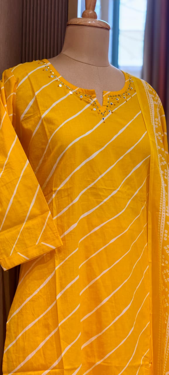 Minimal Neck Work Soft Cotton Leheriya Printed Full Suit Set With Dupatta