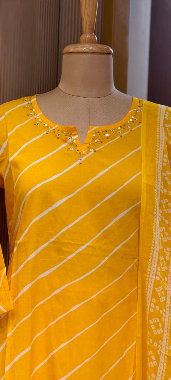 Minimal Neck Work Soft Cotton Leheriya Printed Full Suit Set With Dupatta