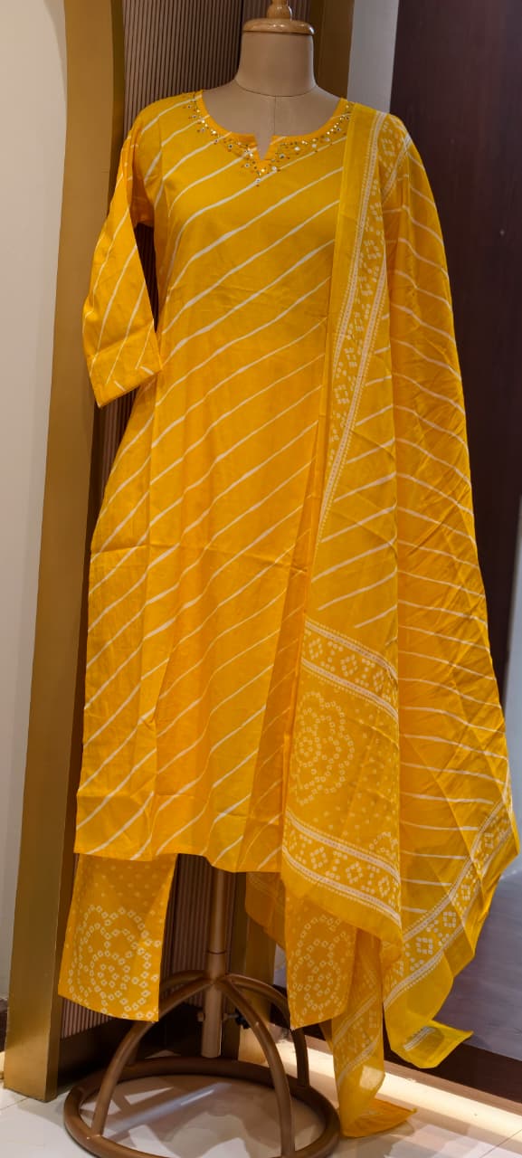 Minimal Neck Work Soft Cotton Leheriya Printed Full Suit Set With Dupatta