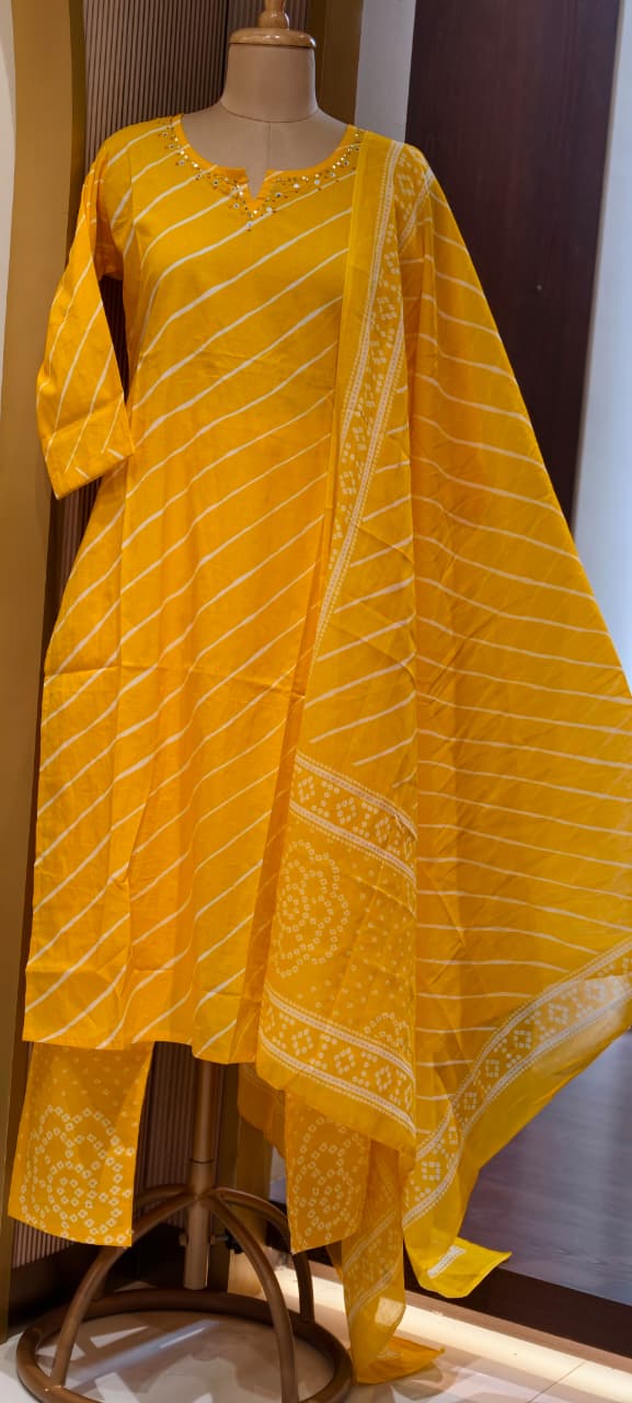 Minimal Neck Work Soft Cotton Leheriya Printed Full Suit Set With Dupatta