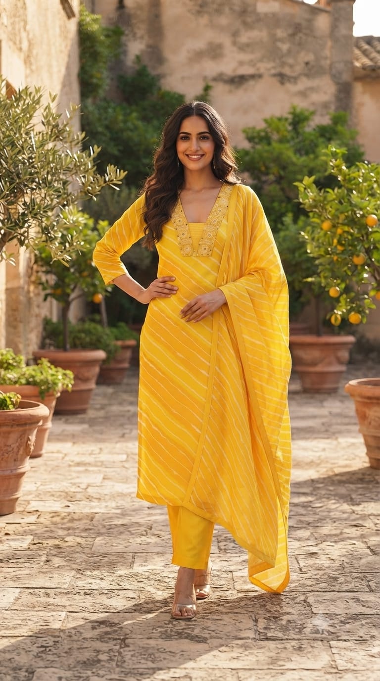 Rajasthani Boho Foil Mirror Thread Embroidery Neckline Lehriya Cotton Full Suit Set With Dupatta- 15670