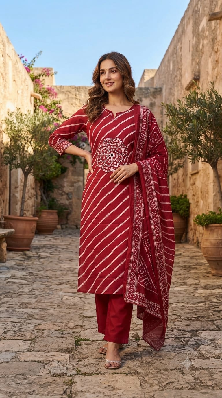 Minimal Neckline Lehriya With Front Yoke Print Cotton Full Suit Set With Dupatta- 15668