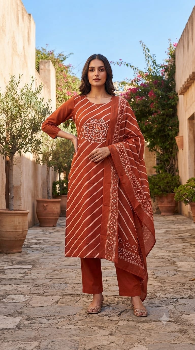 Minimal Neckline Lehriya With Front Yoke Print Cotton Full Suit Set With Dupatta- 15668