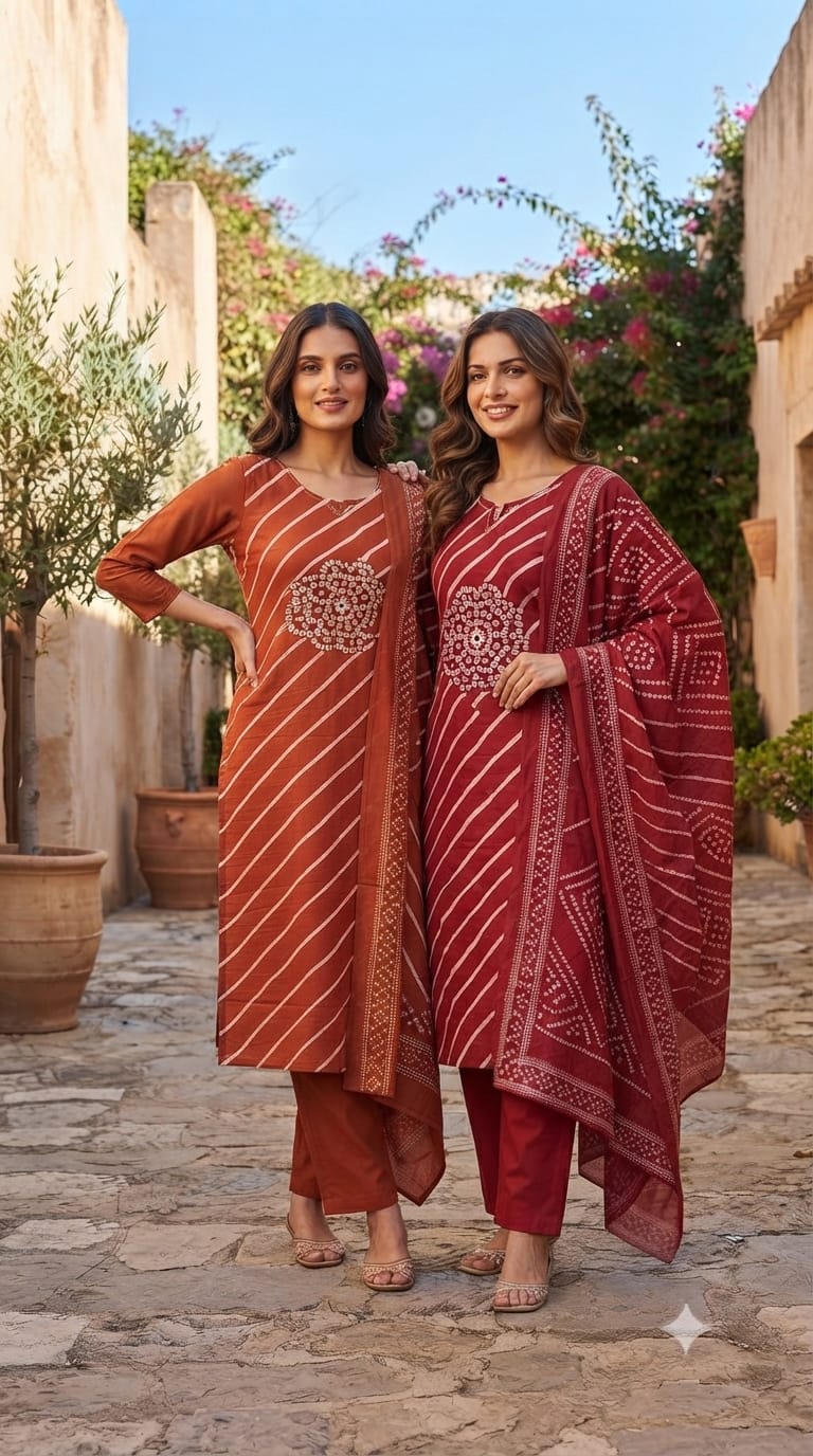 Minimal Neckline Lehriya With Front Yoke Print Cotton Full Suit Set With Dupatta- 15668