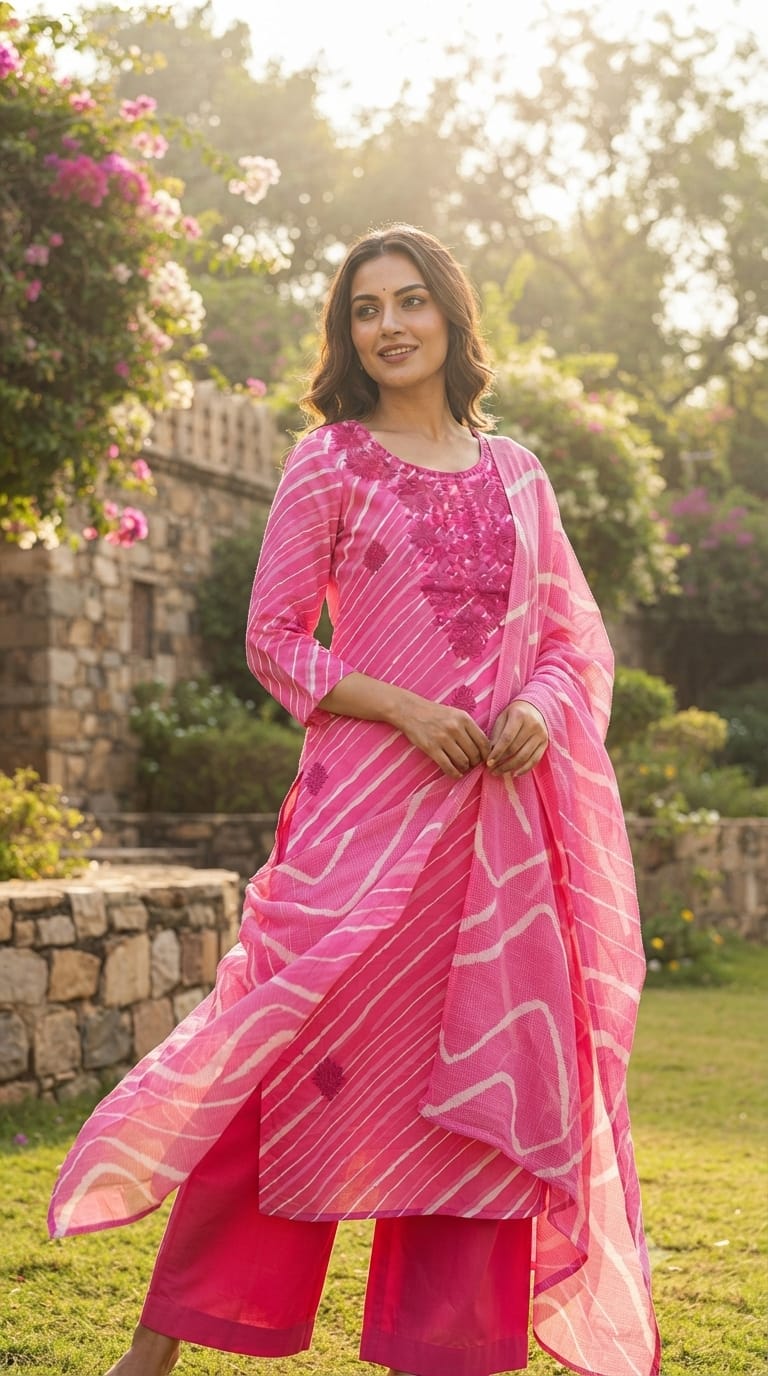 Neon Shades Floral Thread Embroidery Lehriya Cotton Full Suit Set With Dupatta- 15663, 15653