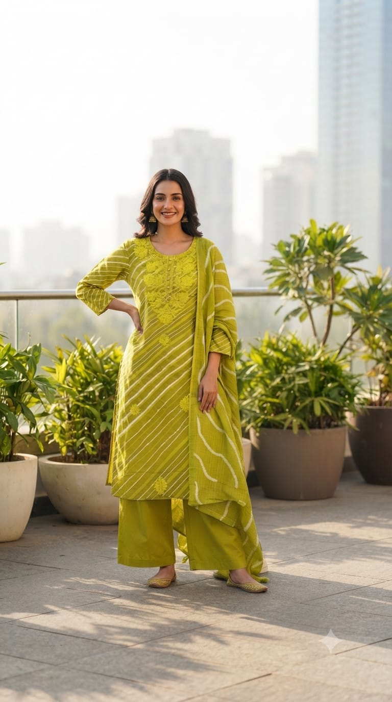 Neon Shades Floral Thread Embroidery Lehriya Cotton Full Suit Set With Dupatta- 15663, 15653