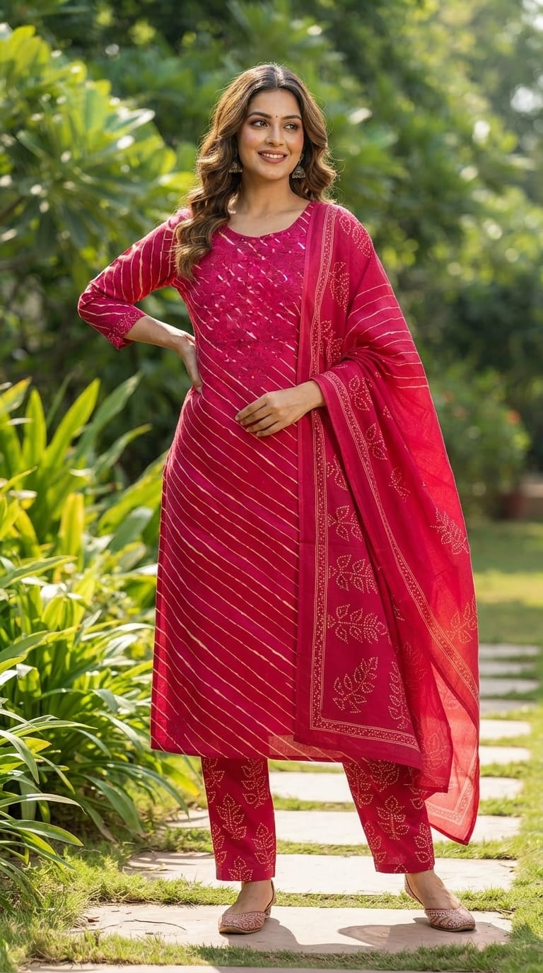 Neon Shades Floral Thread Embroidery Lehriya Cotton Full Suit Set With Dupatta- 15663, 15653