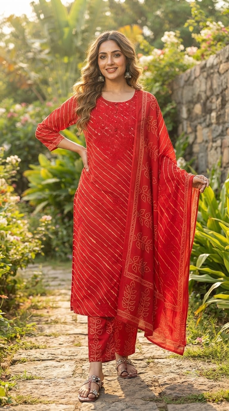 Neon Shades Floral Thread Embroidery Lehriya Cotton Full Suit Set With Dupatta- 15663, 15653