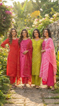 Neon Shades Floral Thread Embroidery Lehriya Cotton Full Suit Set With Dupatta- 15663, 15653