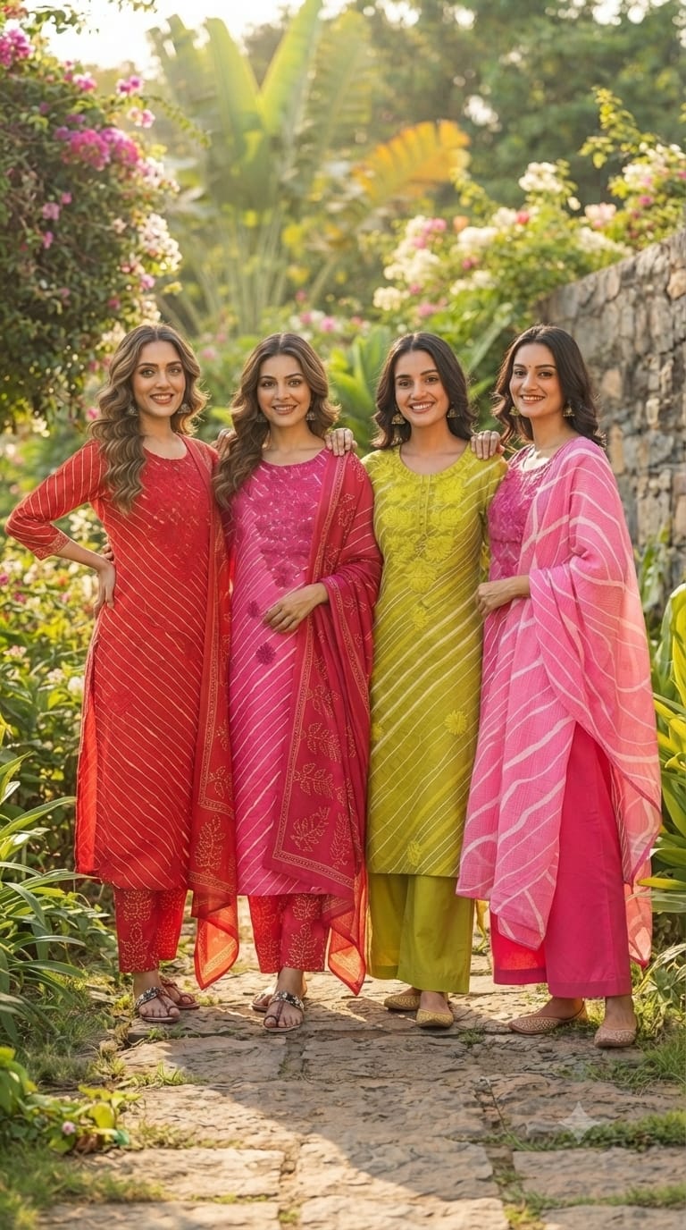 Neon Shades Floral Thread Embroidery Lehriya Cotton Full Suit Set With Dupatta- 15663, 15653