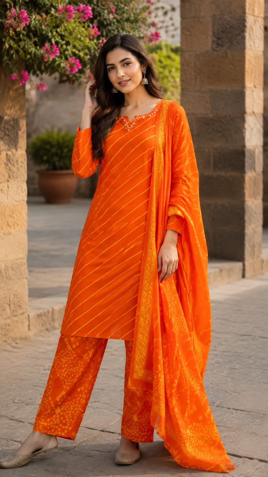 Minimal Neck Work Soft Cotton Leheriya Printed Full Suit Set With Dupatta