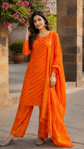 Minimal Neck Work Soft Cotton Leheriya Printed Full Suit Set With Dupatta
