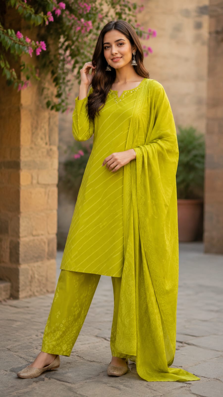 Minimal Neck Work Soft Cotton Leheriya Printed Full Suit Set With Dupatta
