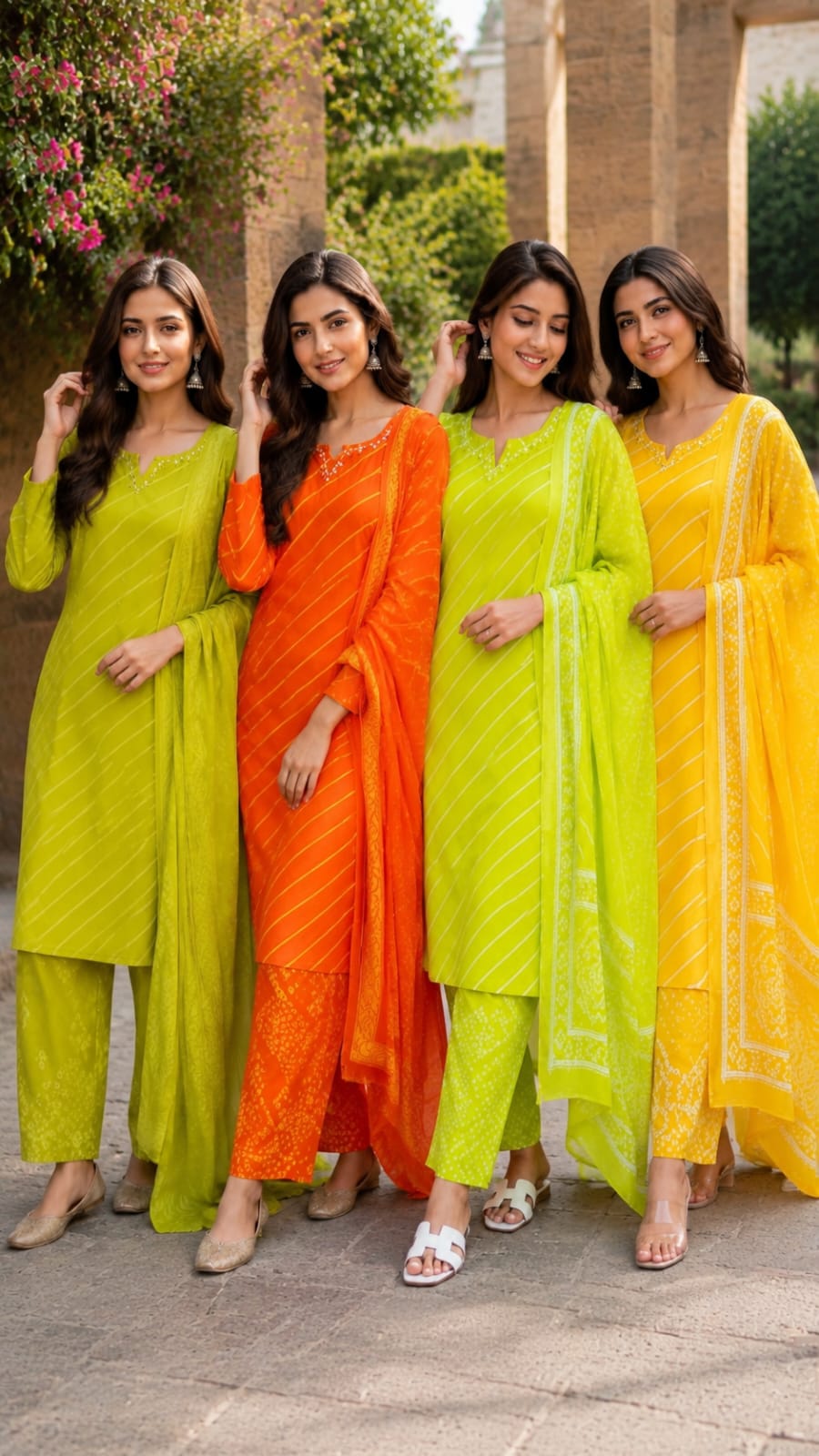 Minimal Neck Work Soft Cotton Leheriya Printed Full Suit Set With Dupatta