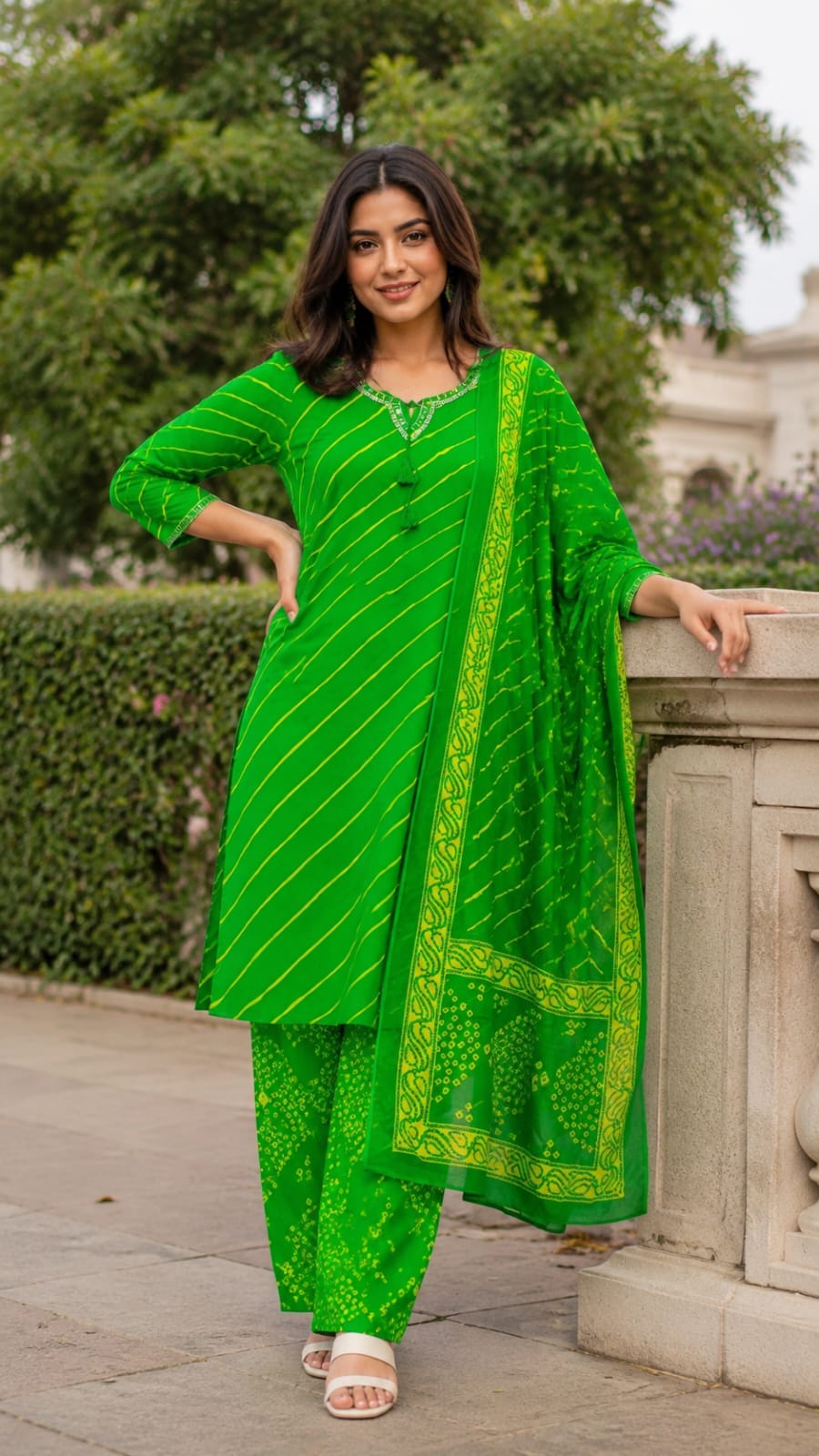 Traditional Leheriya Pattern Embellished V-Neck Ethnic Cotton Full Suit Set With Dupatta- 15561, 15560