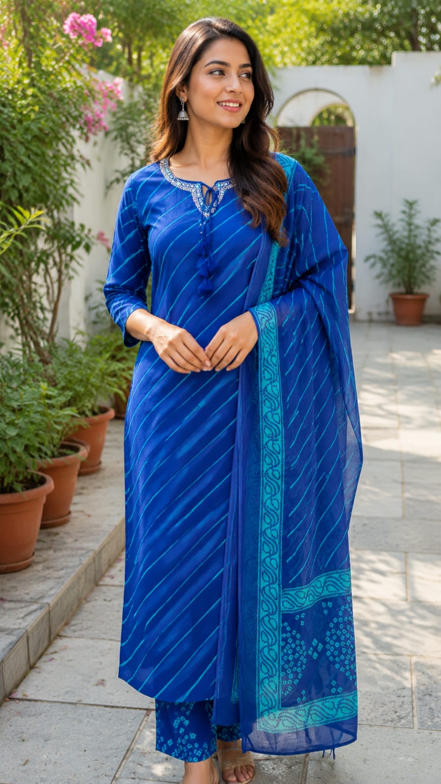 Traditional Leheriya Pattern Embellished V-Neck Ethnic Cotton Full Suit Set With Dupatta- 15561, 15560