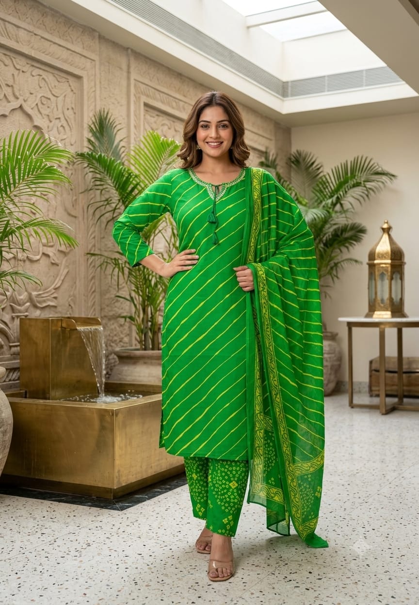 Traditional Leheriya Pattern Embellished V-Neck Ethnic Cotton Full Suit Set With Dupatta- 15561, 15560