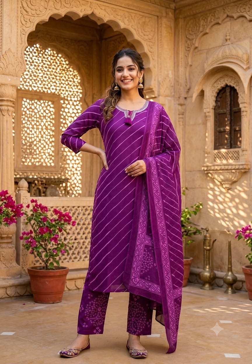 Traditional Leheriya Pattern Embellished V-Neck Ethnic Cotton Full Suit Set With Dupatta- 15561, 15560