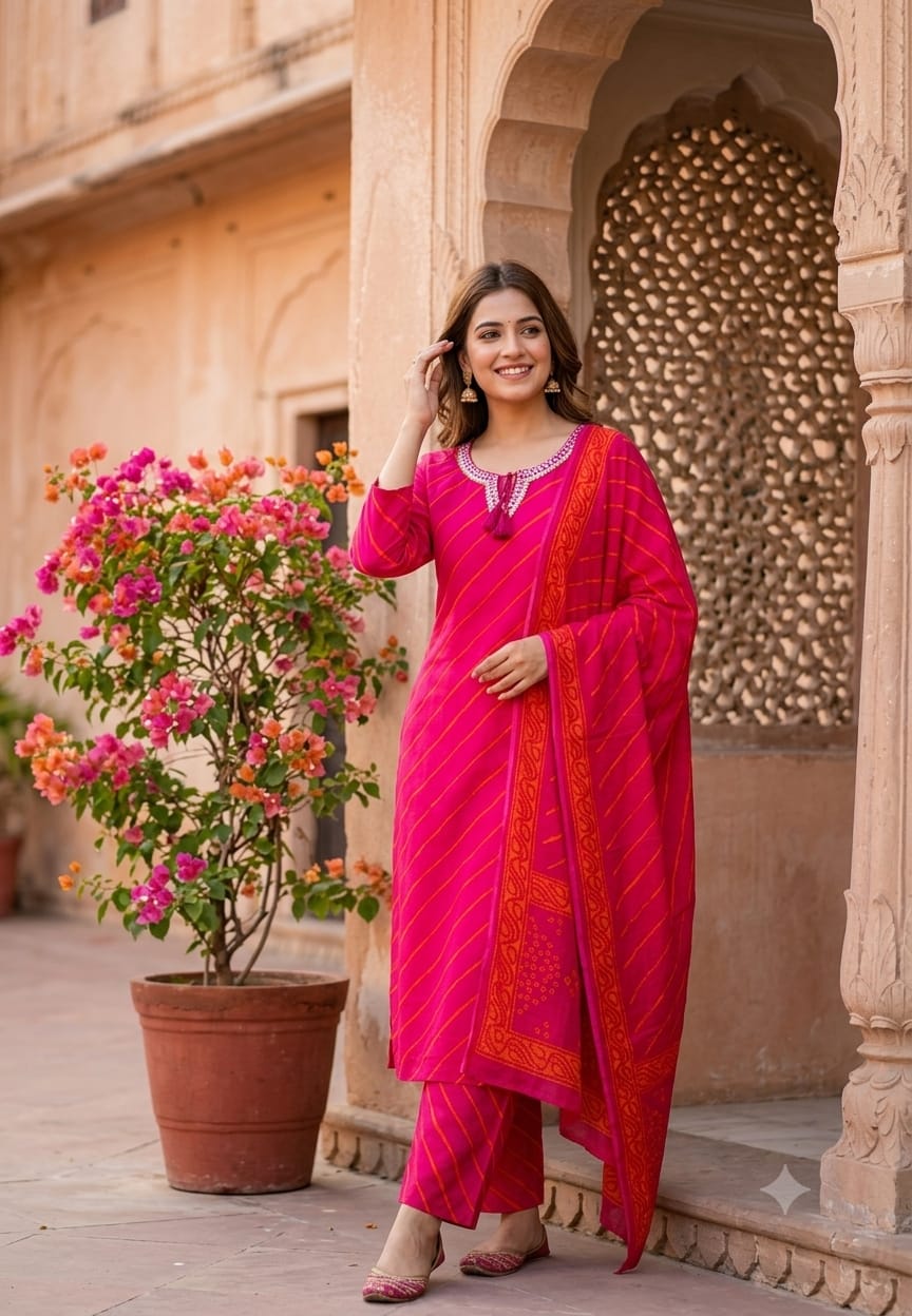 Traditional Leheriya Pattern Embellished V-Neck Ethnic Cotton Full Suit Set With Dupatta- 15561, 15560