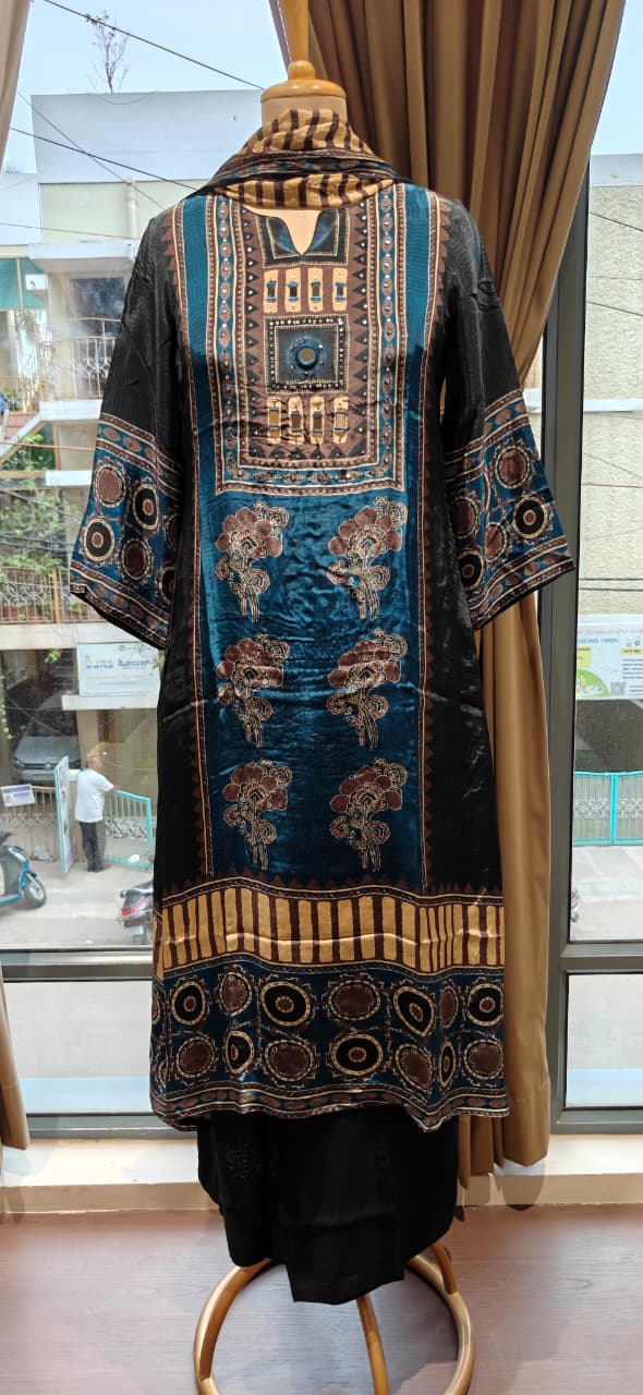 Butter Shine Gajji Silk Fabric Abstract Ajrakh Print Full Suit Set With Dupatta- 15624, 15621